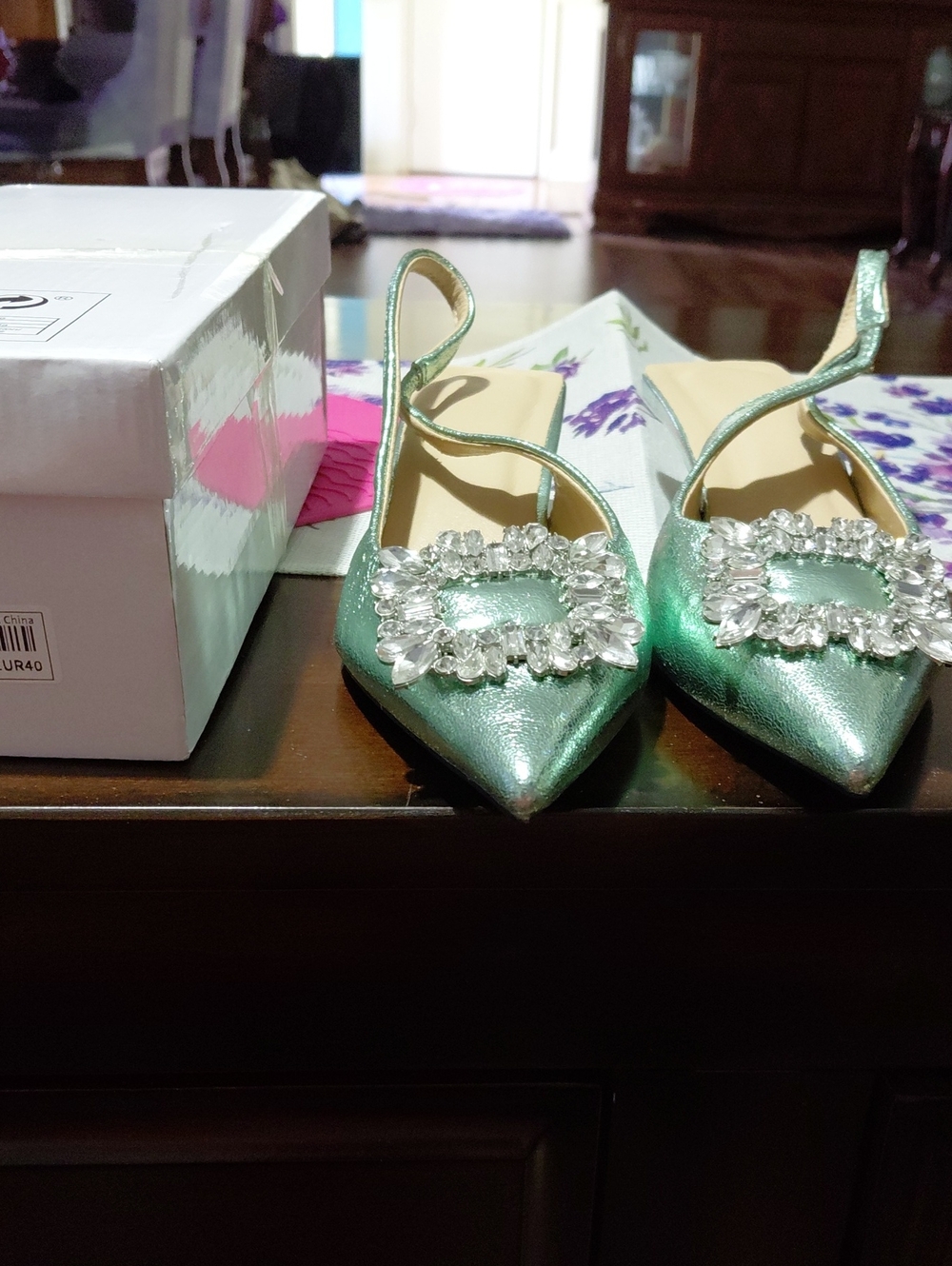 Embellished Metallic Green Slingback Flats 9/ 40 Size Bow On Top 1.5 Heel